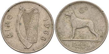 Ирландия 6 пенсов 1966 ирландский волкодав KM 13a медно-никель 4146-455