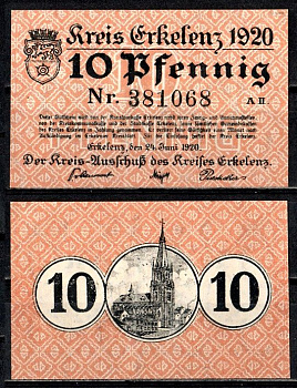 Эркеленц (Пруссия, Рейн) 10 пфеннигов 1920 Mehl Grabowski E24.10a бумага UNC (пресс) 7555-58-2-2