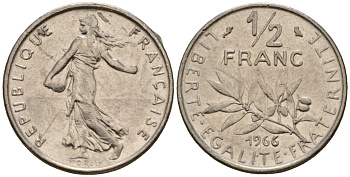 Франция 1/2 франка 1966 KM 931 никель 4601-726