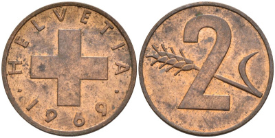 Швейцария 2 раппена 1969 KM 47 бронза 4543-932
