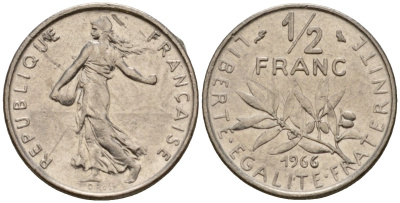 Франция 1/2 франка 1966 KM 931 никель 4601-726