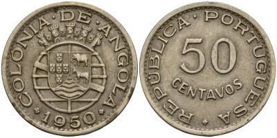 Ангола 50 сентаво 1950 300 лет революции 1648 года KM 72 никель бронза 4121-1113