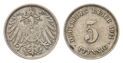 Германия 5 пфеннигов 1914 F, Вильгельм II (1888-1918) KM 11, J. 12 медно-никель 4636-314