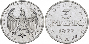 Германия 3 марки 1922 A, третья годовщина Веймарской Конституции KM 29, J. 303 алюминий PROOF 00-814-29