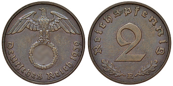 Германия 2 рейхспфеннига 1939 E KM 38, J. 362 алюминиевая бронза 4121-635