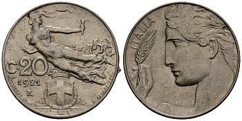 Италия 20 чентезимо 1921 R, Виктор Эммануил III (1900-1946) KM 44 никель 4177-852