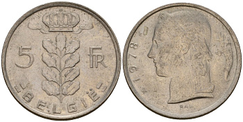 Бельгия 5 франков 1978 Belgie, Бодуэн I (1951-1993) KM 135 медно-никель 4395-723