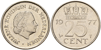 Нидерланды 25 центов 1977 Юлиана (1948-1980) KM 183 никель  4598-127