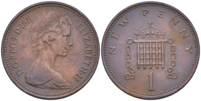 Великобритания 1 пенни 1971 Елизавета II (1952-2022) KM 915, Spink 4237 (B1) бронза    4147-352