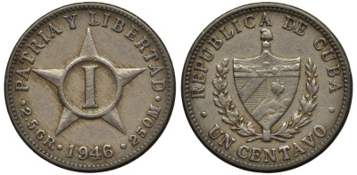 Куба 1 сентаво 1946 звезда, первая Республика (1902-1961) KM 9.2 медно-никель 4549-931