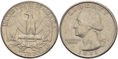 США 25 ЦЕНТОВ = КВОТЕР 1991 Р, ВАШИНГТОН KM А164а медь плакированная медно-никелем 31-811