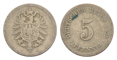 Германия 5 пфеннигов 1875 C, Вильгельм I (1871-1888) KM 3, J. 3, Weege 5 медно-никель 4639-1244