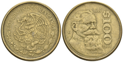 Мексика 100 песо 1988 Мо, Венустиано Карранса де ла Гарса KM 493 алюминиевая бронза 87-756