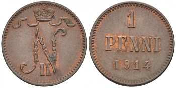 Россия для Финляндии 1 пенни 1914 Николай II (1894-1917) KM 13, Биткин 474 медь 4396-1422