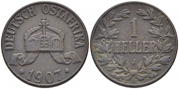 Немецкая Восточная Африка (Танзания) 1 геллер 1906 J, Ost-Africa Jaeger 716, KM 7 бронза 4448-437