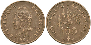 Французская Новая Каледония 100 франков 1997 хижина среди сосен и пальм, (IEOM) KM 15, Schoen 16, Lec 139a никель бронза 88-1216