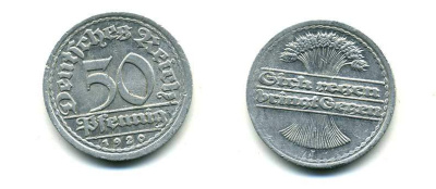 ГЕРМАНИЯ 50 ПФЕННИГОВ 1920 J KM 27, J. 301 алюминий 83-1712