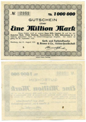 ГАМБУРГ, ГЕРМАНИЯ 1000000 МАРОК 1923 21 АВГУСТА 1923 - 30 CЕНТЯБРЯ 1923, НОТГЕЛЬД, GERB- und FABSTOFFWERKE H. RENNER & CO., AKTIEN-GESELLSCHAFT Keller 2117b бумага 8613-17-1-1