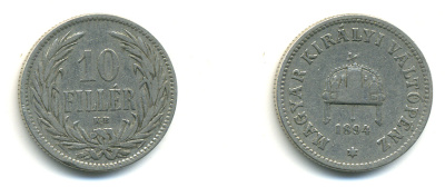 Венгрия 10 филлеров 1894 KB, Франц Иосиф I (1848-1916) KM 482 никель 83-1311