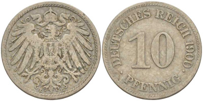 ГЕРМАНИЯ 10 ПФЕННИГОВ 1900 E KM 12, J. 13 медно-никель 4401-1154