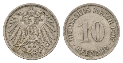 Германия 10 пфеннигов 1905 D, Вильгельм II (1888-1918) KM 12, J. 13 медно-никель 4636-854