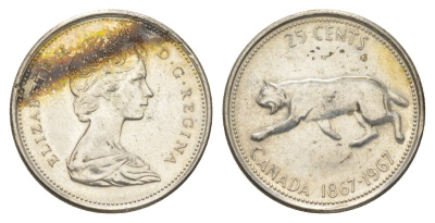 Канада 25 центов 1967 пума, 100 лет Конфедерации Канада, Ссеребро 0.800, вес 5,83 гр, диаметр 23,88 мм KM 67 серебро 4622-857