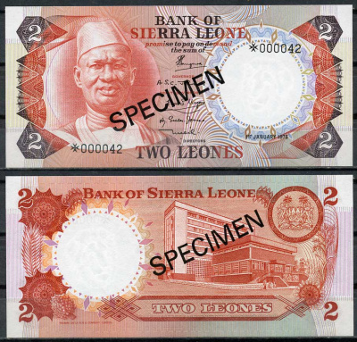 Сьерра-Леоне 2 леоне 1978 Сиака Стивенс, образец, Specimen, № 000042 Pick 6 s  бумага  UNC (пресс) 7485-15-3-1