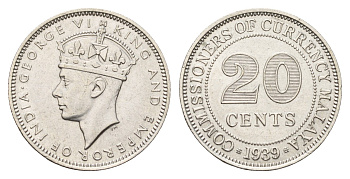 Малайя 20 центов 1939 Георг VI (1936-1952), год-тип KM 5 серебро 4671-213