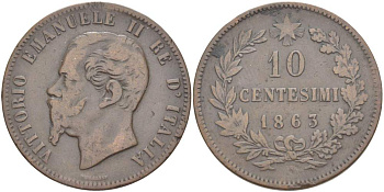 ИТАЛИЯ 10 ЧЕНТЕЗИМО 1863 МОНДВОР ПАРИЖ, ВИКТОР ЭММАНУИЛ II (1861-1878) KM 11.2 медь 4526-731
