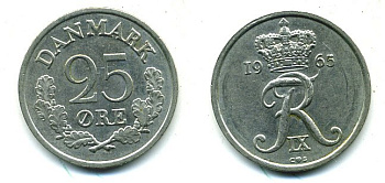 ДАНИЯ 25 ЭРЕ 1965 KM 850 медно-никель 04-924
