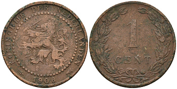 Нидерланды 1 цент 1906 Вильгельмина (1890-1948) KM 132.1 бронза    4169-248