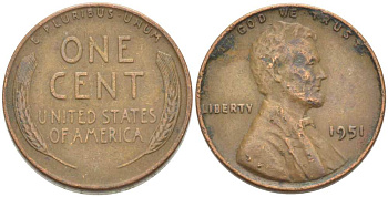 США 1 ЦЕНТ 1951 ЛИНКОЛЬН KM А132 медь цинк 218-234