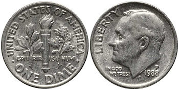 США 10 ЦЕНТОВ = 1 ДАЙМ 1988 Р, РУЗВЕЛЬТ KM 195а медь плакированная медно-никелем 112-636