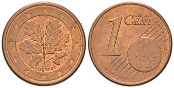 Германия 1 евроцент 2002 D KM 207 сталь плакированная медью 4532-1225