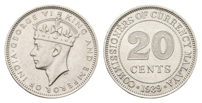 Малайя 20 центов 1939 Георг VI (1936-1952), год-тип KM 5 серебро 4671-213