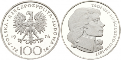 Польша 100 злотых 1976 MW, Тадеуш Костюшко (1746-1817) KM 82, Parchimowicz 274 серебро PROOF 1087-8-64