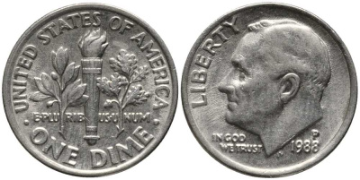 США 10 ЦЕНТОВ = 1 ДАЙМ 1988 Р, РУЗВЕЛЬТ KM 195а медь плакированная медно-никелем 112-636