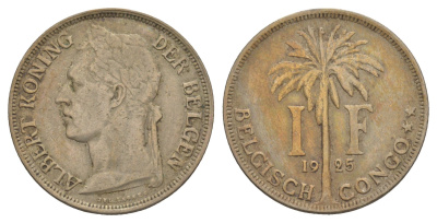 Бельгийское Конго 1 франк 1925 Надпись на голландском - 'ALBERT KONING DER BELGEN' KM 21 медно-никель 4654-1137