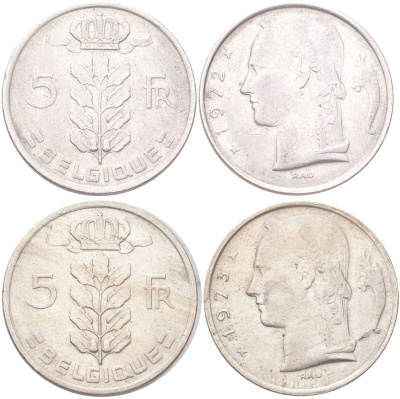 Бельгия набор из 2 монет разных годов (5 франков) 1972 и 1973 Belgique, Бодуэн I (1951-1993) KM 134 медно-никель 4143-616-617