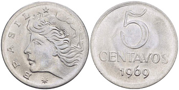 Бразилия 5 сентаво 1969  голова свободы влево KM 577.2, Schon 82a нержавеющая сталь 4529-353