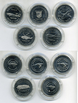 США НАБОР ИЗ 5 ЖЕТОНОВ ПО 1 АВИАДОЛЛАРУ ND САМОЛЕТЫ 2-ОЙ МИРОВОЙ ВОЙНЫ медно-никель UNC 7-6-62