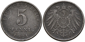Германия 5 пфеннигов 1921 A KM 19, J. 297 железо 4151-632