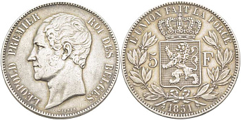 Бельгия 5 франков 1851 Леопольд I (1831-1865), без точки над датой KM 17 серебро 4184-534
