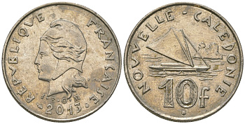 Французская Новая Каледония 10 франков 2013 рыбачья парусная лодка, (IEOM) KM 11a, Schoen 13a, Lec 99k медно-никель 67-613