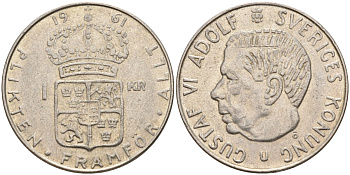 Швеция 1 крона 1961 TS, Густав VI Адольф (1950-1973) KM 826 серебро 4150-117