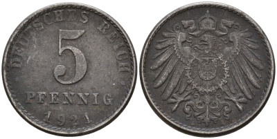 Германия 5 пфеннигов 1921 A KM 19, J. 297 железо 4151-632