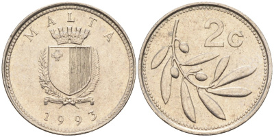 Мальта 2 цента 1993 оливковая ветвь KM 94 медно-никель 188-466