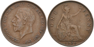 Великобритания 1 пенни 1936 Георг V (1910-1936) KM 838, Spink 4055 бронза 4574-112