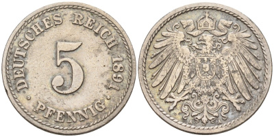 Германия 5 пфеннигов 1891 A KM 11, J. 12 медно-никель 4151-365