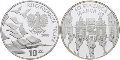 Польша 10 злотых 2008 40 лет студенческого марша 1968 года KM 632 серебро PROOF 1096-3-22